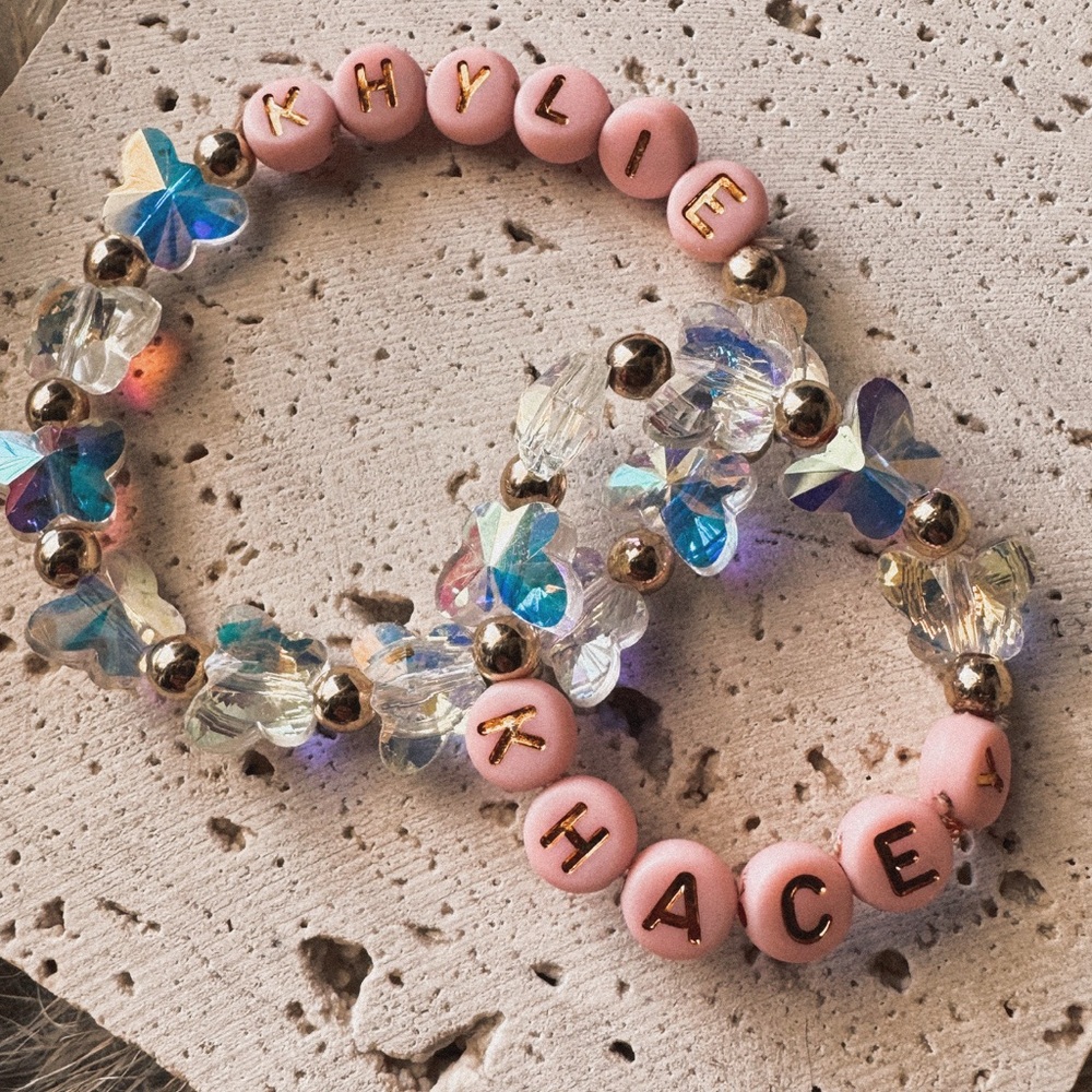 Butterfly Charm Bracelet With Pink Bead Gold Lettering
